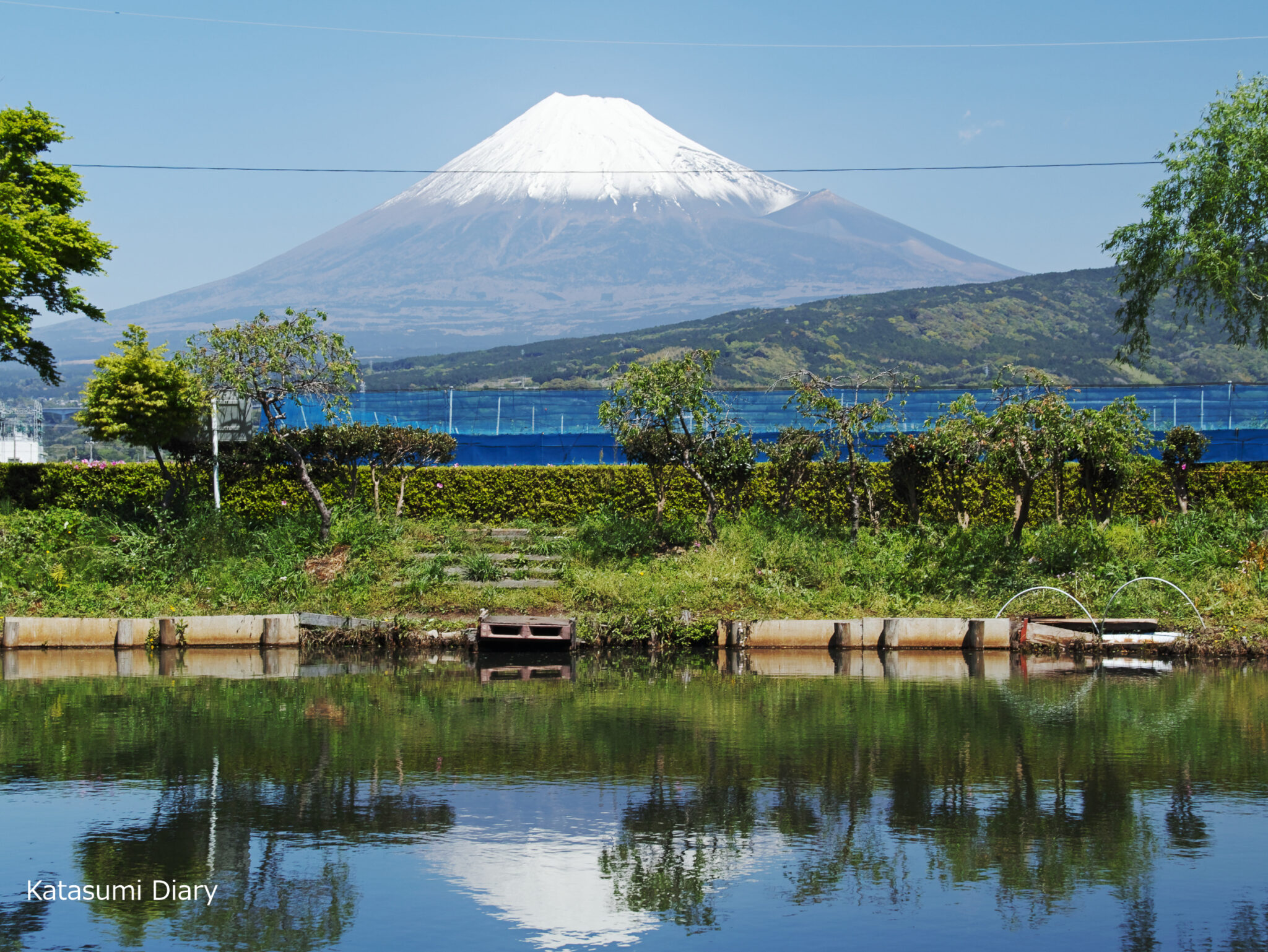 浮島沼釣り場公園のめがね池と赤どぶ池から望む富士山　公園近くの道端には「決算」の看板も！？　静岡県富士市
